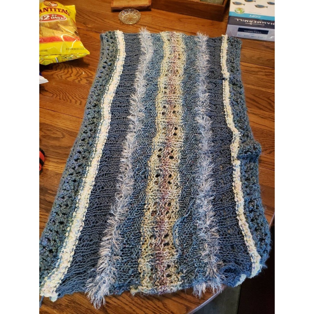 Women's Long Hand Knit Vintage Shawl Scarf Blue